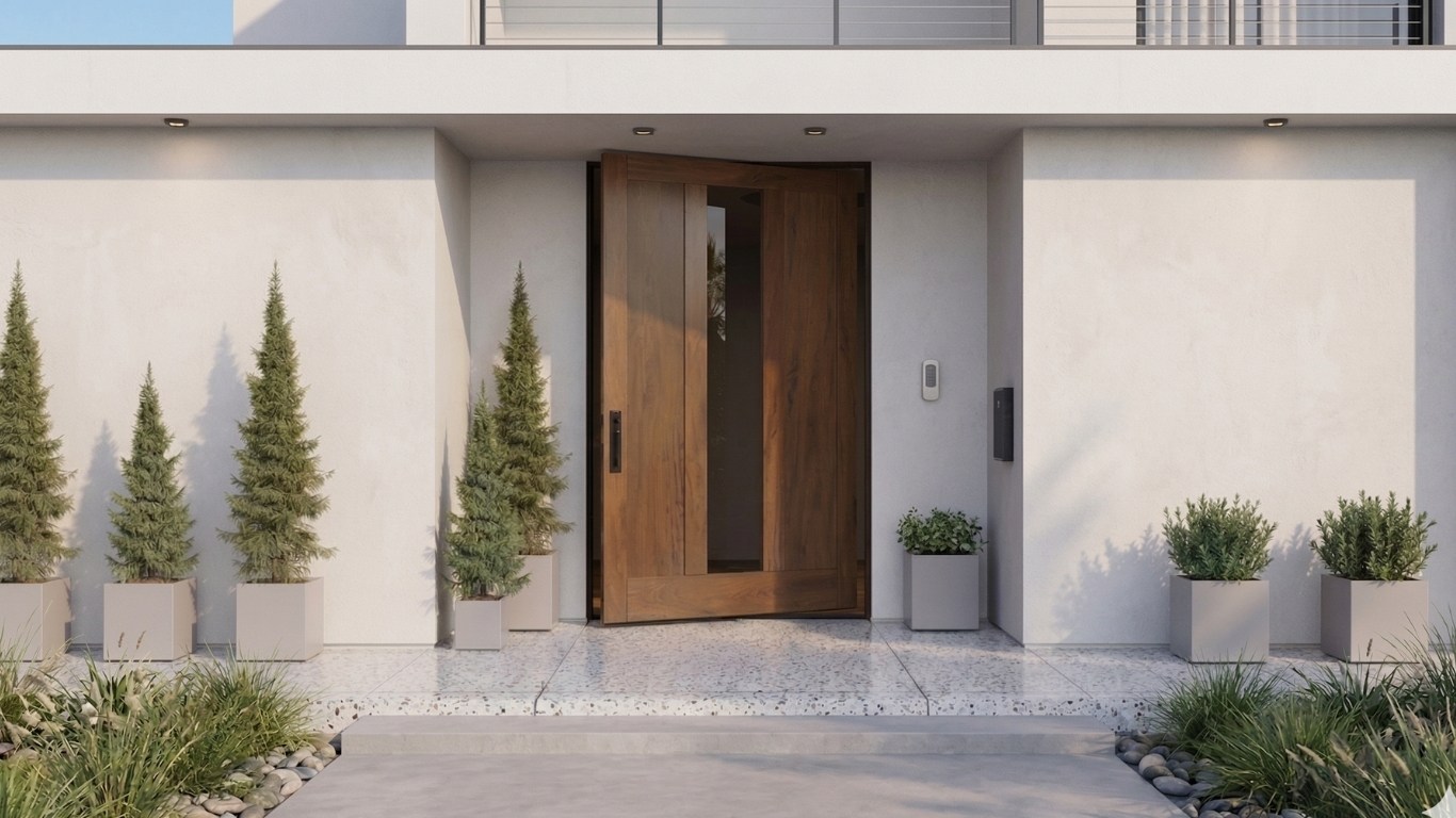 The Modern Portal: Walnut Pivot Entry with Integrated Vertical Lite A wide-angle architectural render of a modern house featuring a large walnut pivot door with an offset glass lite and long black handle. The door is slightly open, revealing its unique rotation axis, set against a white stucco exterior with symmetrical landscaping and terrazzo tile flooring.