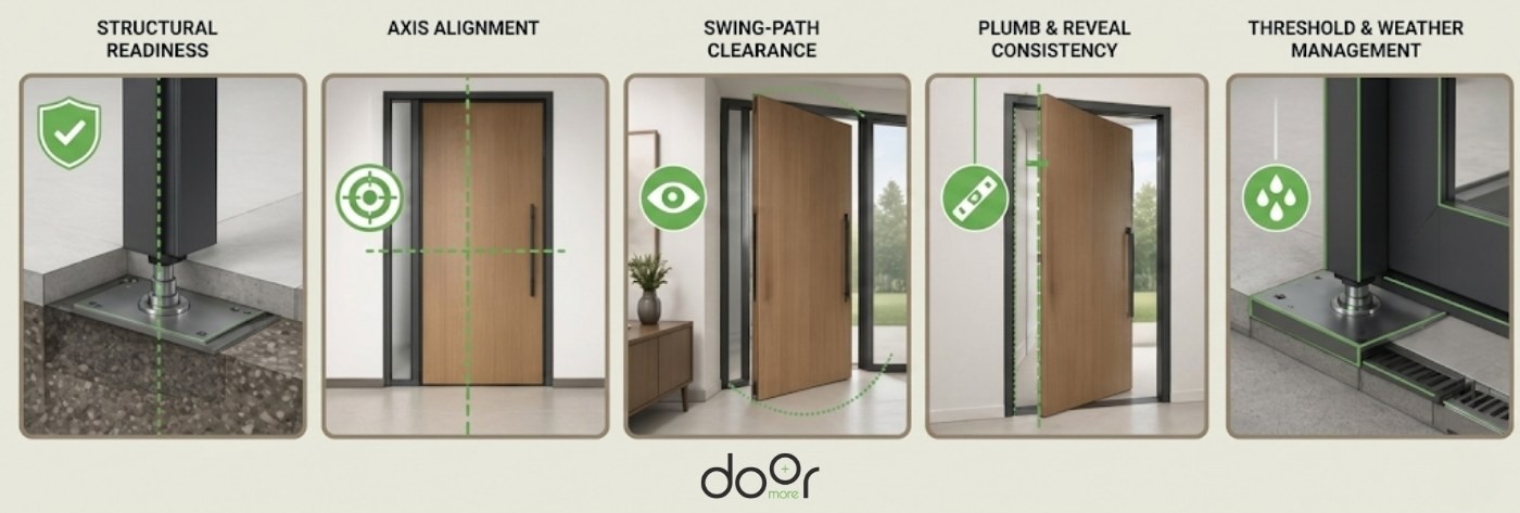 Step-by-Step Pivot Door Installation Risk Assessment Infographic showing 5 steps of pivot door installation: structural readiness, axis alignment, swing-path clearance, plumb and reveal consistency, and threshold weather management.
