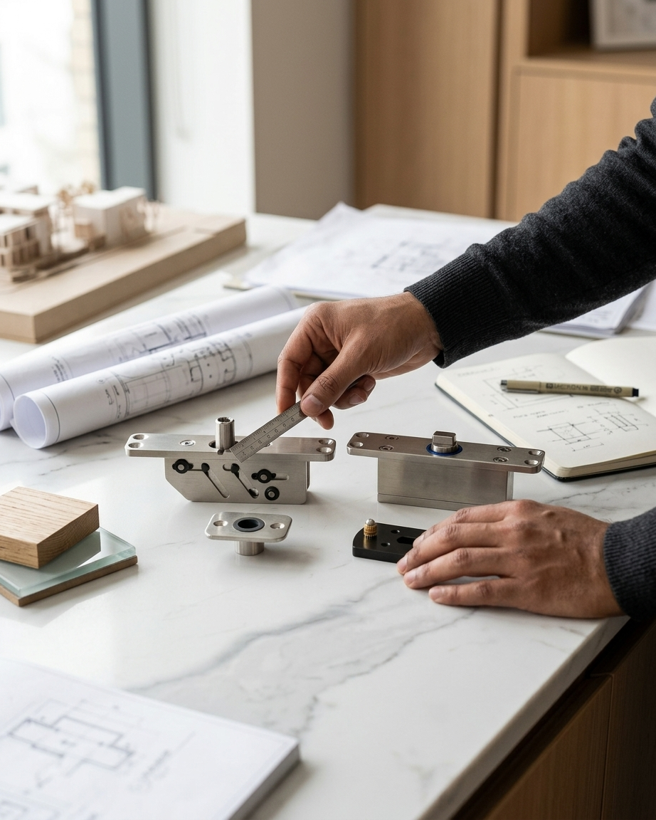 Architectural Planning & Specification for Axis Pivot Systems An architect using a ruler to measure stainless steel Axis pivot door hinges on a desk with blueprints, glass samples, and architectural models.