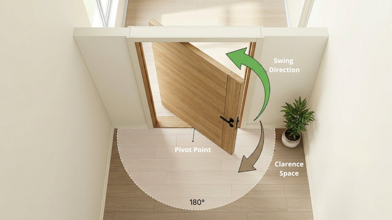 The Architectural Playbook: Clearance, Exposure, and Movement Mechanics : A quad-panel technical diagram illustrating four key pivot door concepts: Swing Behavior (Dual Movement Pattern), Clearances & Space Verification with red-highlighted collision zones, Exposure & Weather Interface with water management strategy, and a Comparison between standard side-hinged and pivot doors.