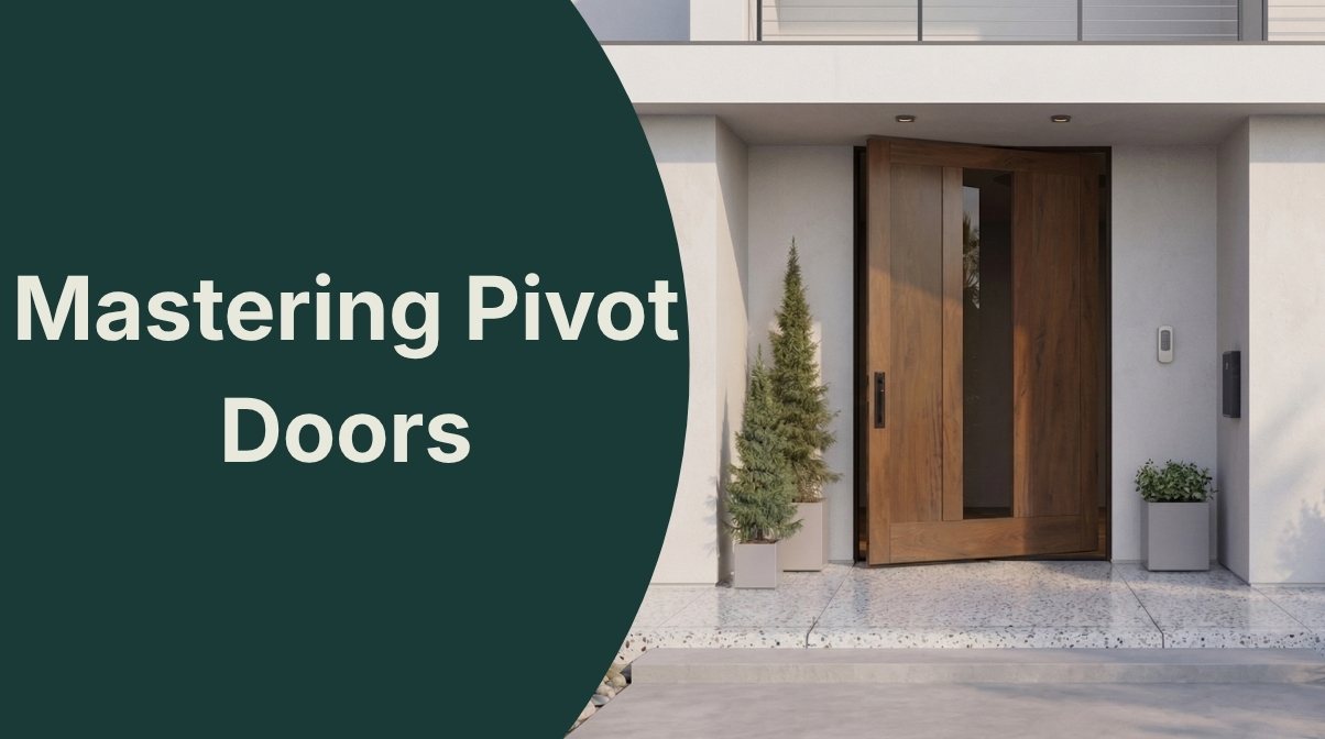 Mastering Pivot Doors in Modern Architecture A web thumbnail for "Mastering Pivot Doors: A Comprehensive Technical Overview" featuring a large, modern wood pivot door with a vertical glass lite installed in a minimalist white concrete entryway.