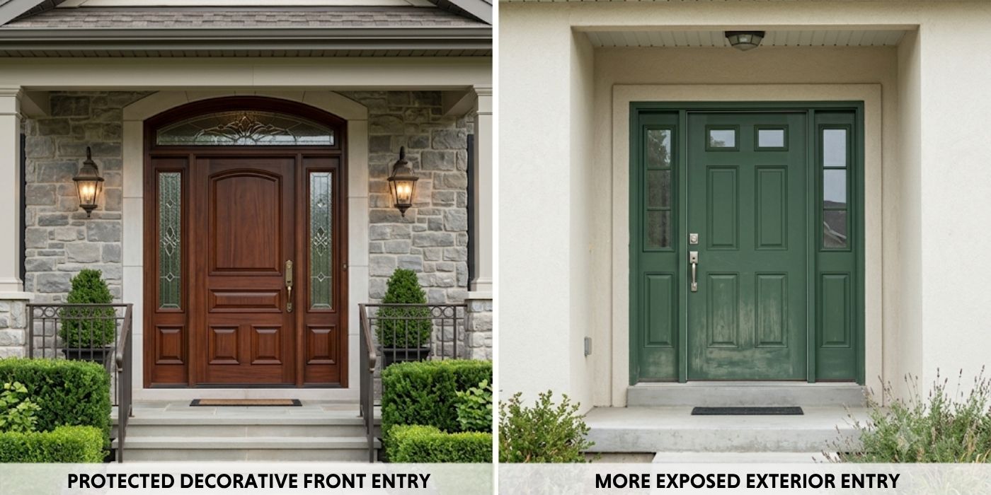 Real Wood Doors vs. Simulated Grain: Maintenance and Environmental Durability Guide A side-by-side comparison illustrating a weather-beaten real wood door on the left versus a pristine door with a simulated grain pattern and a quality inspection graphic on the right.