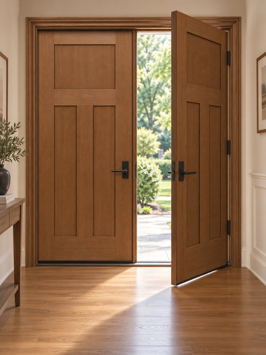 Double Fir Front Doors Double fir-style solid wood front doors with matte black handles shown from the inside foyer with one door swung open.