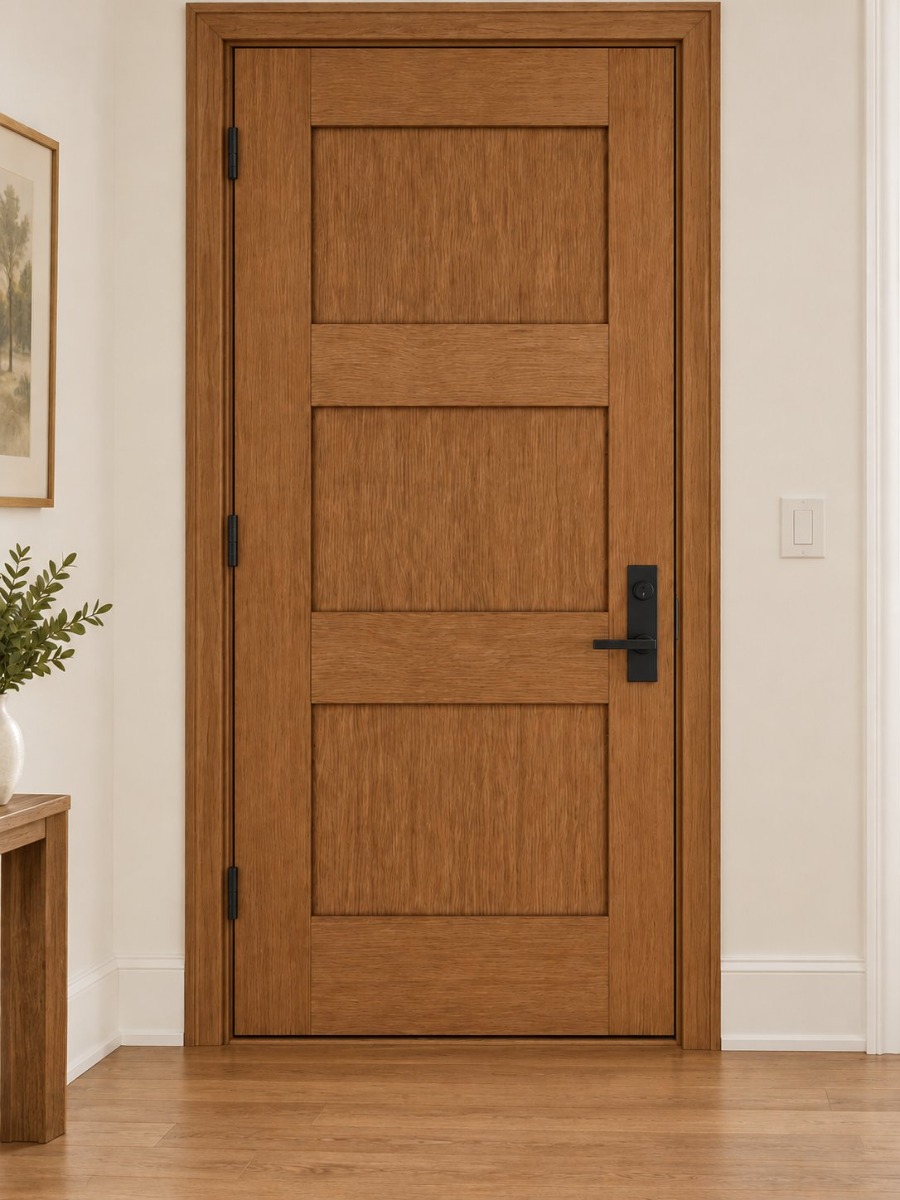 Single Fir Front Doors A three-panel warm wood exterior fir door with matte black hardware and matching wood floor trim inside a bright home extrerior.