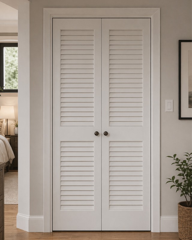 Louver interior doors feature angled slats that allow airflow while maintaining privacy. They are especially useful for closets, laundry areas, or utility spaces where ventilation matters. This functional design is commonly seen in louver interior doors.