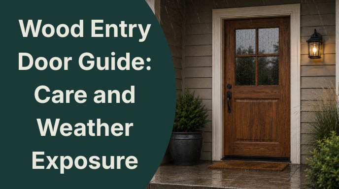 A high-quality wooden front door exposed to wet weather with text reading "Wood Entry Door Guide: Care and Weather Exposure" on a dark green background.