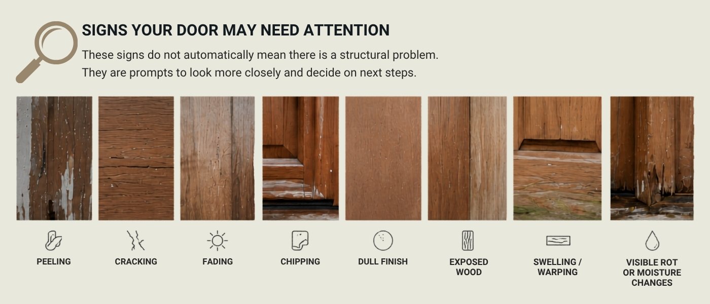 A multi-panel guide illustrating common signs of wood door deterioration, including peeling paint, fine cracks, color fading, and moisture rot.
