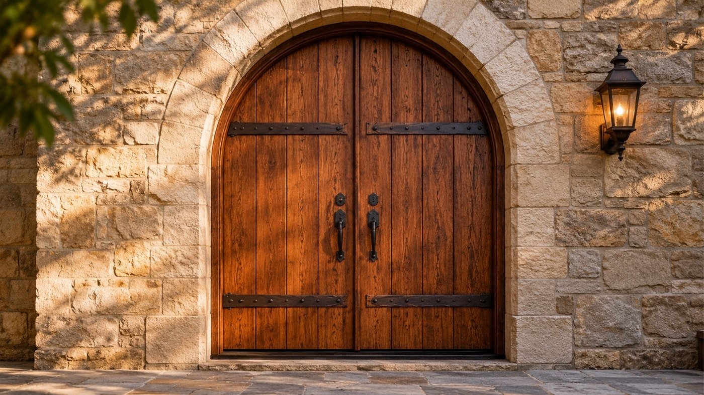Large rustic wooden double doors with an arched top and black iron hardware built into a stone brick facade with an exterior light fixture.