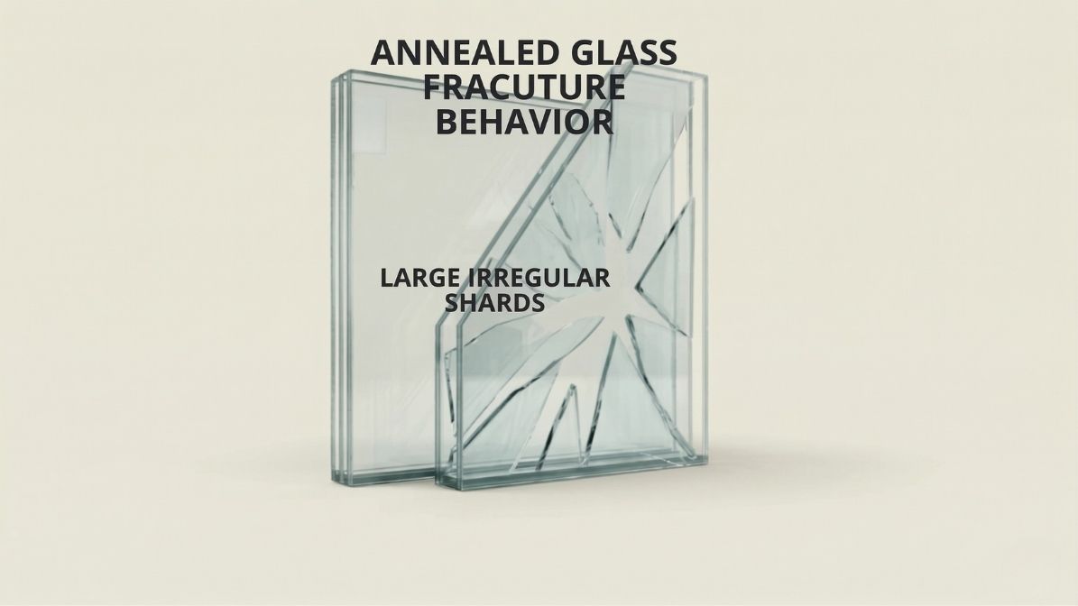 A technical diagram illustrating Annealed Glass fracture behavior, showing a glass panel shattered into large, irregular, and sharp shards.