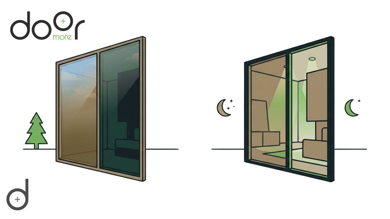 Real-Life Performance: How Bronze Tinted Glass Shifts Between Day and Night A side-by-side minimalist comparison showing a bronze tinted sliding door's exterior privacy during the day versus its interior transparency at night under artificial lighting.