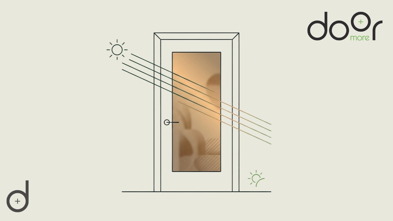 Bronze Tinted Glass Door: Balancing Natural Light, Privacy, and Solar Cool Performance A technical line-art illustration of a bronze-tinted glass door, showing standard bronze glass absorbing solar energy versus Solar Cool Bronze reflecting high-intensity rays for superior heat management.