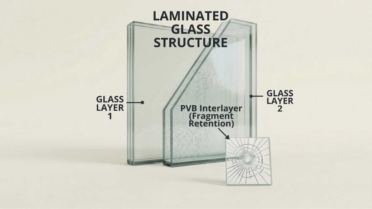 A technical cross-section diagram of a laminated glass unit, showing two outer glass layers and a central PVB Interlayer designed for fragment retention and security.
