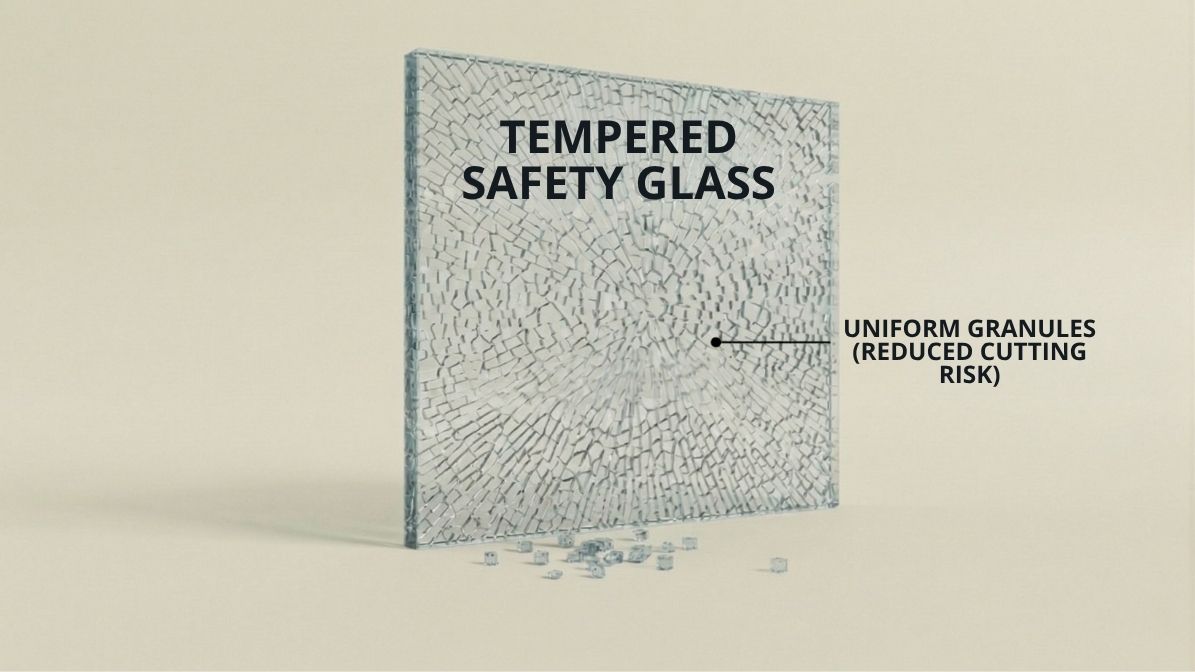 A technical diagram of Tempered Safety Glass after impact, showing the panel shattered into uniform, blunt granules to reduce the risk of injury.