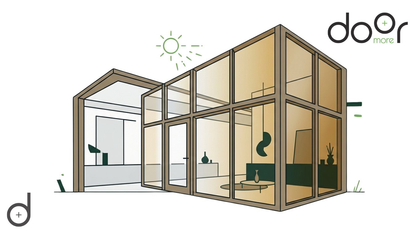 visual Impact of Bronze Tint: Warmth, Architectural Continuity, and Privacy A minimalist architectural line-art illustration of a modern glass-walled house, contrasting standard clear glass with the warm, golden glow and privacy of bronze-tinted glass panes under sunlight.