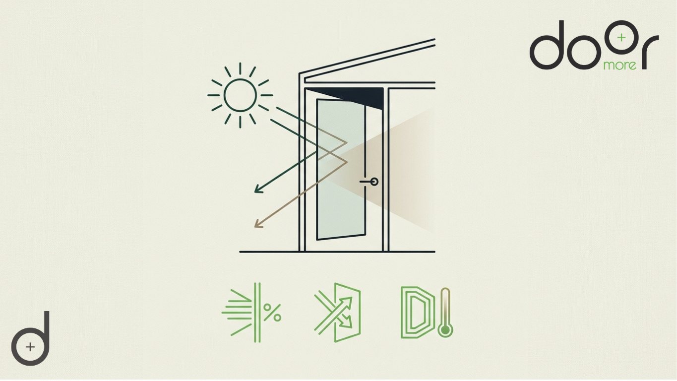Bronze Tinted Glass: Performance Expectations for Heat, UV, and Thermal Comfort Minimalist technical diagram showing solar energy absorption and reflection on a bronze tinted door, featuring icons for UV filtration, light percentage, and thermal insulation.