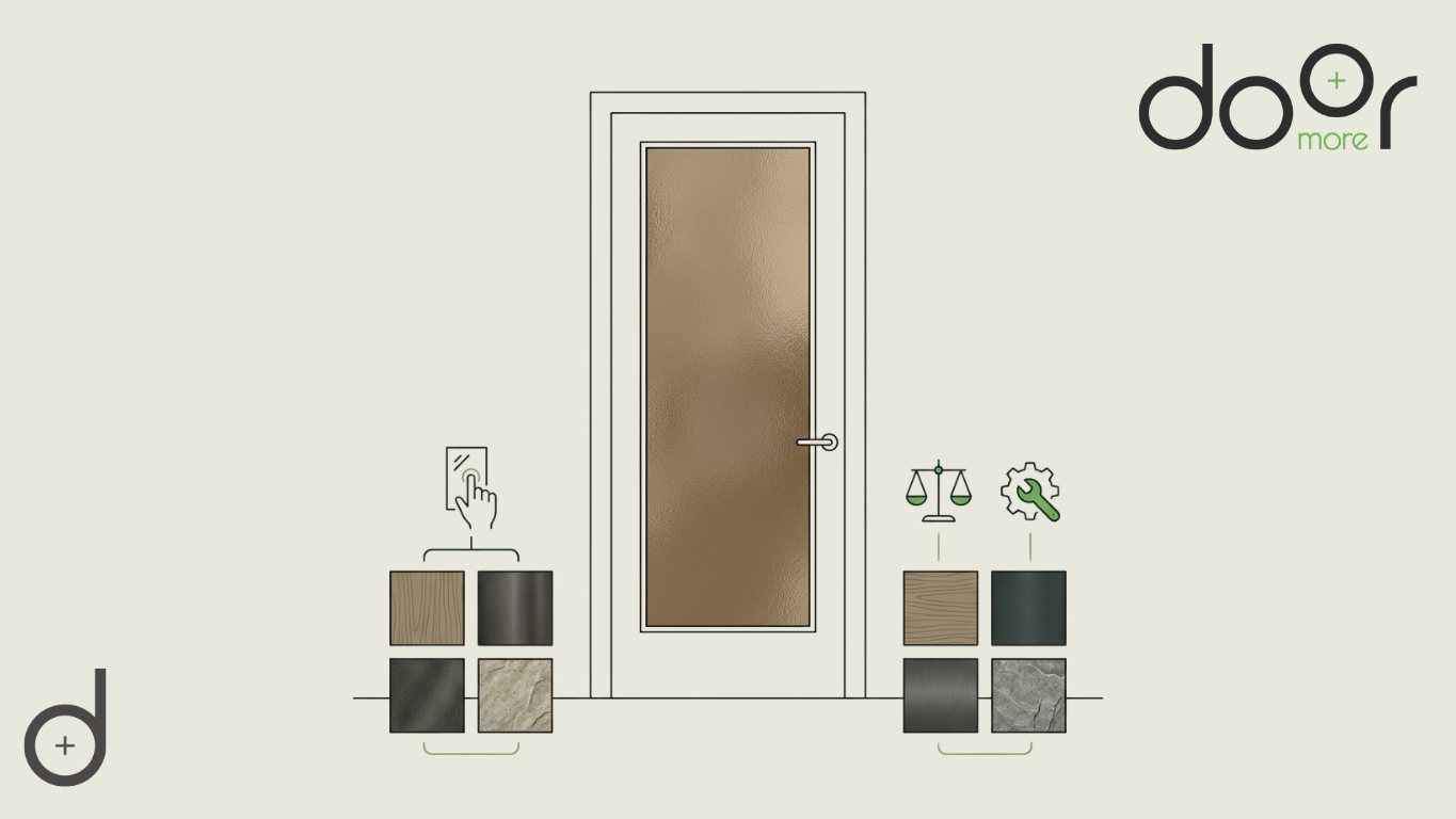 How to Finalize Your Selection: Balancing Aesthetics, Value, and Technical Specs for Bronze Glass Doors A technical checklist illustration for a custom bronze glass door, featuring icons for aesthetic selection (hand icon/swatches), cost-value balance (scales), and technical specifications (gear/wrench).