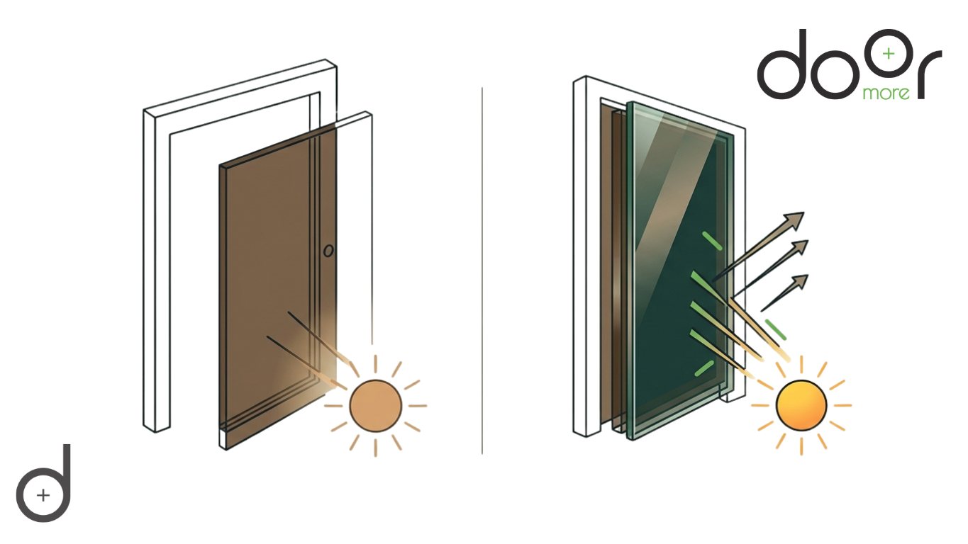 Minimalist diagram explaining how reflective solar glass differs from standard tinted glass in exterior doors. Minimalist diagram explaining how reflective solar glass differs from standard tinted glass in exterior doors.