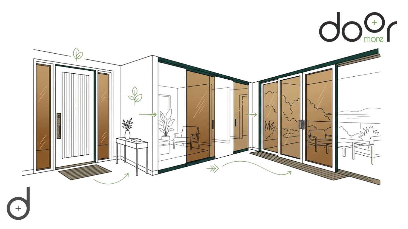 Where Bronze Tinted Glass Works Best: Entryways, Sliding Doors, and Large Glazing Architectural line-art illustration showing various door applications for bronze tinted glass, including front entries with sidelights and large multi-slide patio doors.